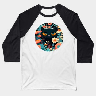 Happy Funny Black Cat In Flowers - Love Cats Baseball T-Shirt